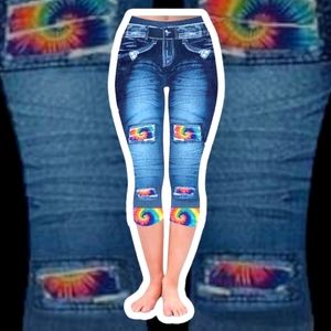 Faux denim rainbow tie dye peek-a-boo capri legging